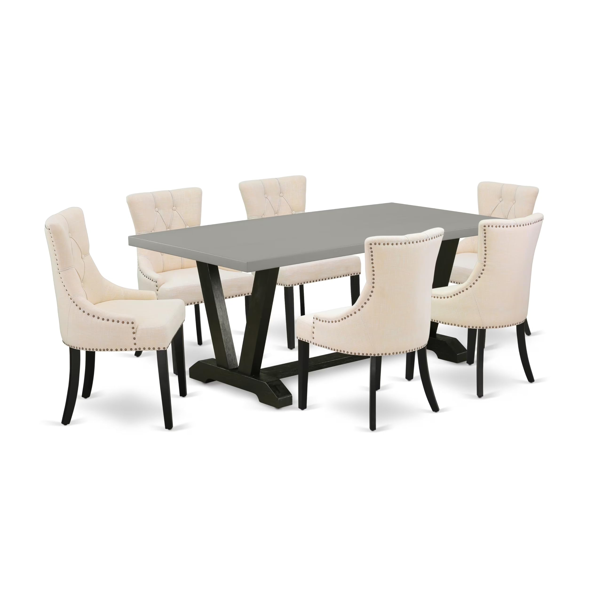 East West Furniture V697Fr102-7 7 Piece Dining Table Set Consist Of A Rectangle Dining Room Table With V-Legs And 6 Light Beige Linen Fabric Parsons Chairs, 40X72 Inch, Multi-Color